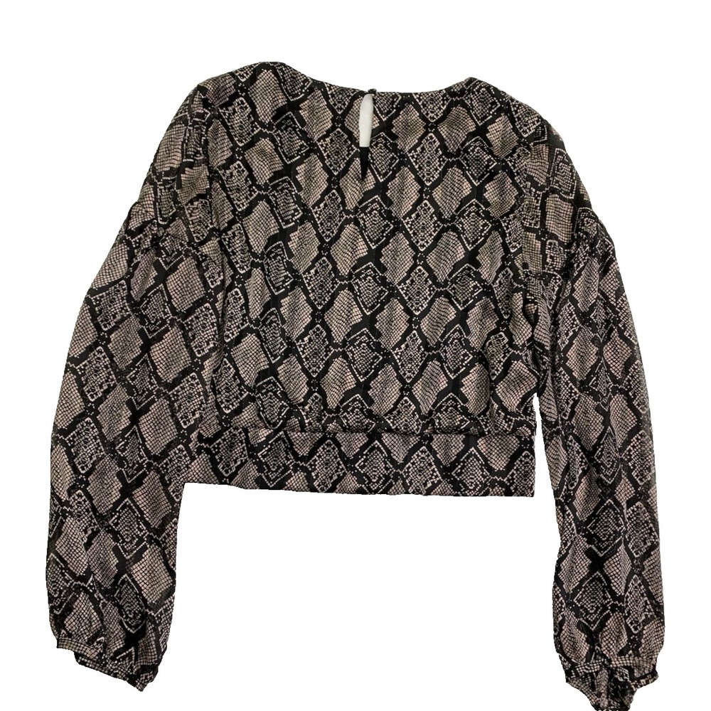 19 COOPER Banded Waist Blouse Black Gold Metallic Keyhole Balloon Long Sleeve Sm